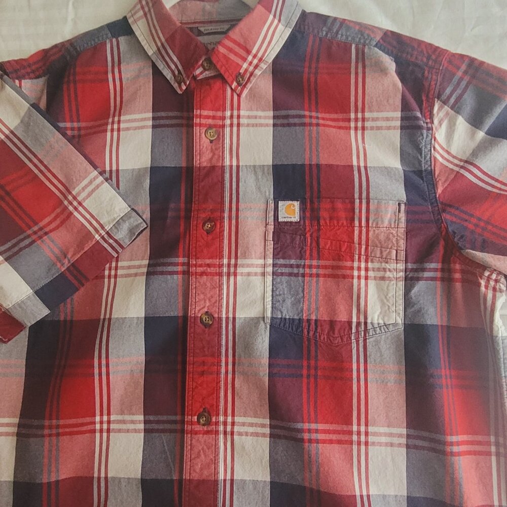 Carhartt Red White Blue Mens Plaid Short Sleeve Shirt Size L - Picture 7 of 15